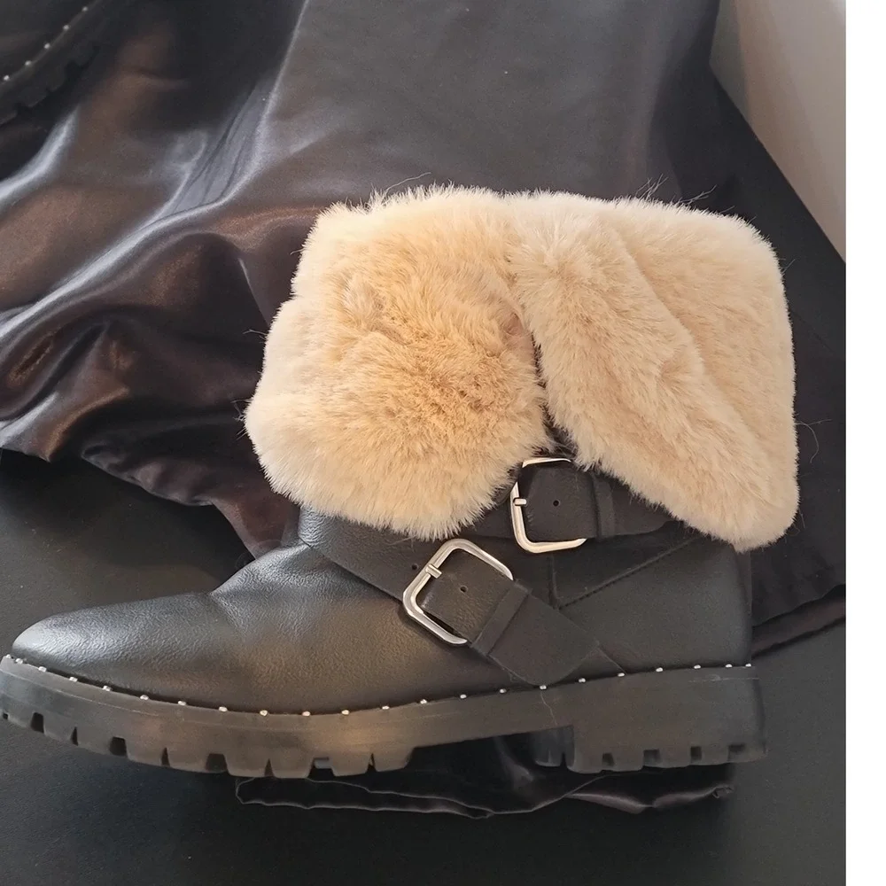 Zara Kids Black‎ Faux Leather Faux Fur Trim Buckle Combat Boots Size 35